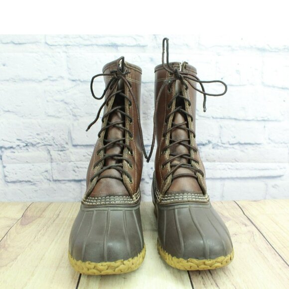 LL Bean Brown Leather Lace Up Insulated Shearling Lined Mid Calf Duck Boots 8 M - Picture 4 of 10